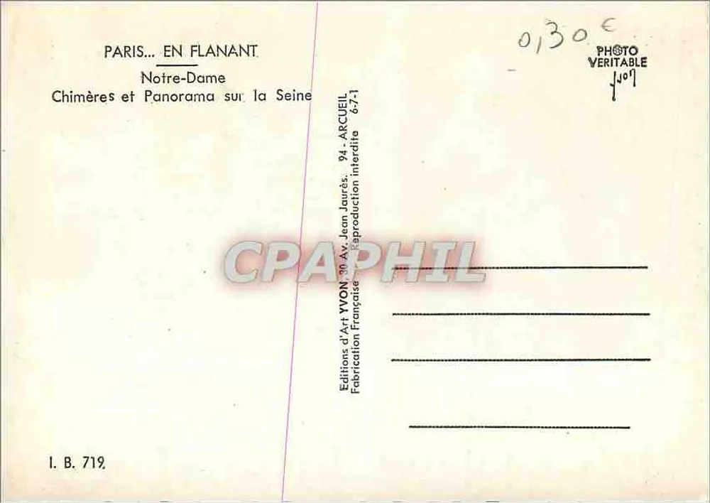 Notre-Dame — Chimères et Panorama sur la Seine — Éditions d'Art YVON, 94, Arcueil - Verso