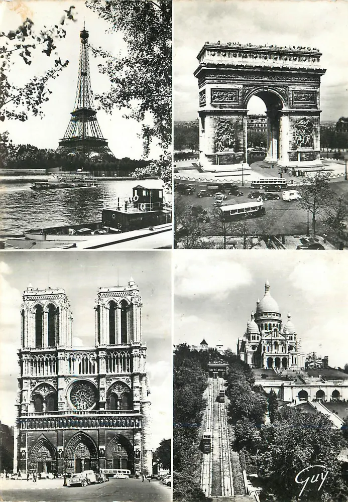 Paris e suas maravilhas — 7 648. A Torre Eiffel (1887-1889); o Arco do Triunfo da Estrela (1806-1836); a catedral Notre-Dame (1163-1260) e a basílica do Sagrado Coração de Montmartre (1876-1910). - Frente