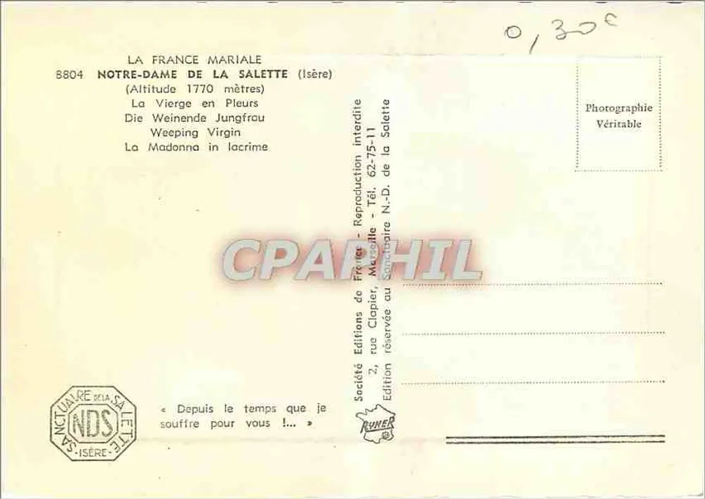 Notre-Dame de la Salette — statue en pleurs — Société Française Mariale, n° B804 - Verso
