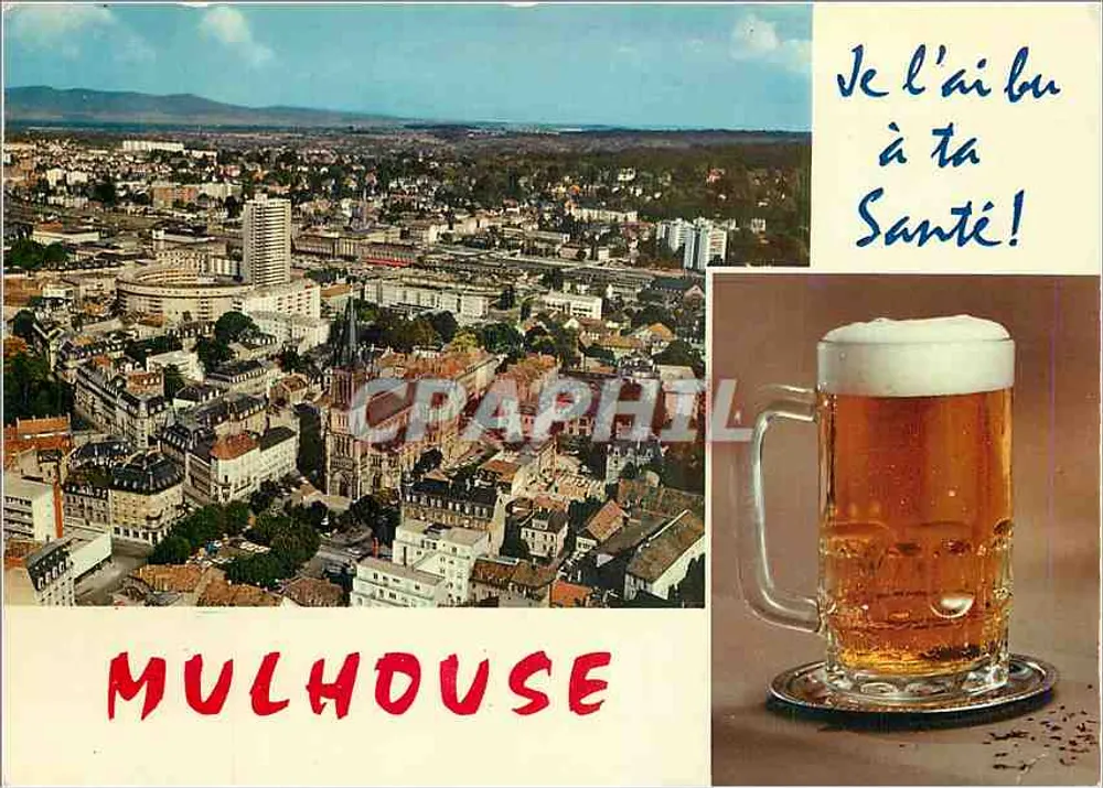 Mulhouse — vista aérea e copo de cerveja — Edições 'La Giganne' - Frente