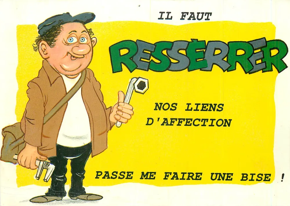 Cartão postal humorístico — 'É preciso apertar nossos laços de afeto' — Éditions Lyna, série Amizades n°1029/1 - Frente