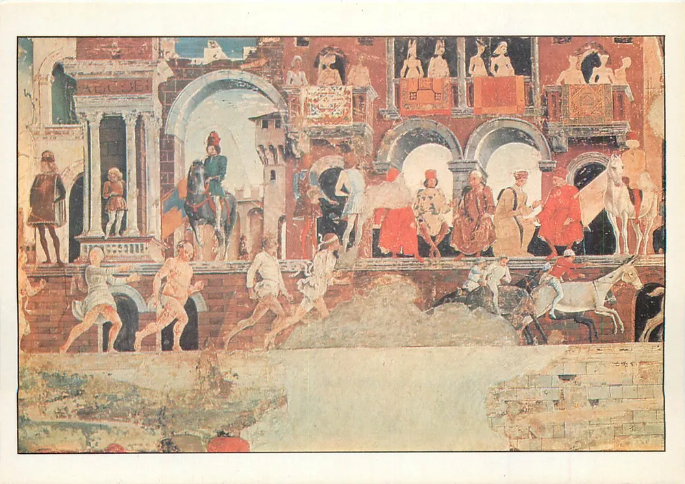 Das Rennen des Palio von Saint-Georges — Fresko von Francesco Del Cossa — Palazzo Schifanoia, Ferrara - Vorderseite