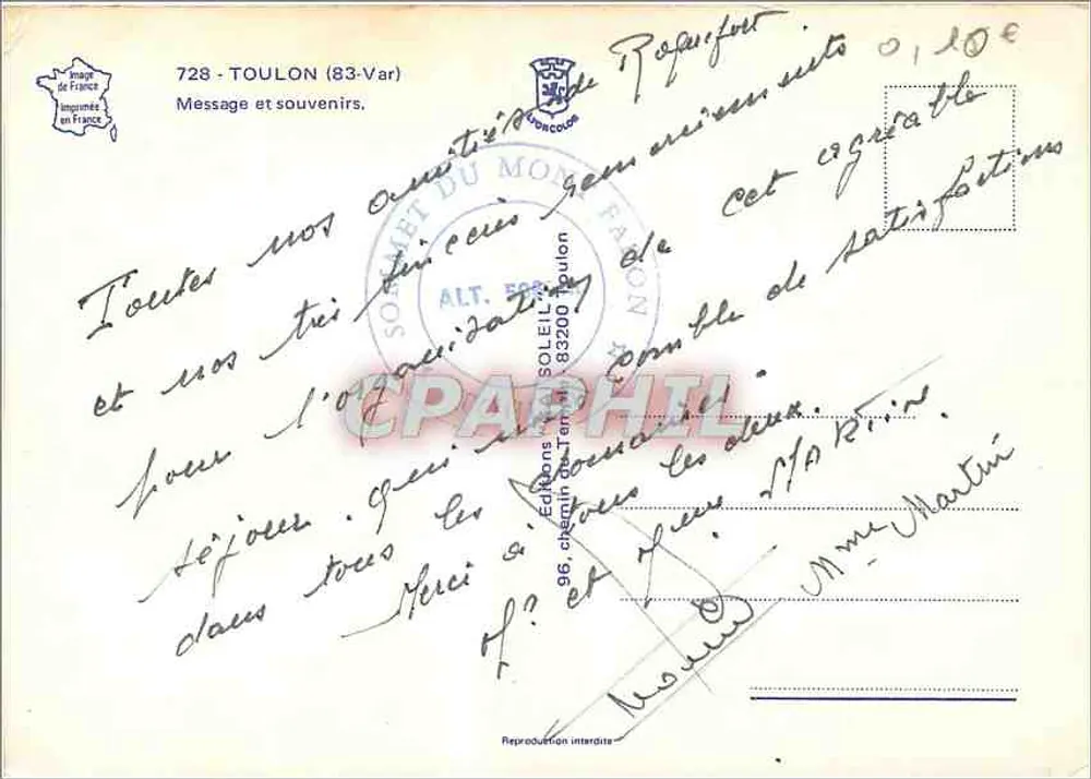 Toulon - Côte d'Azur — Telegrame com texto impresso e fotos — Éditions Mont Faron - Verso