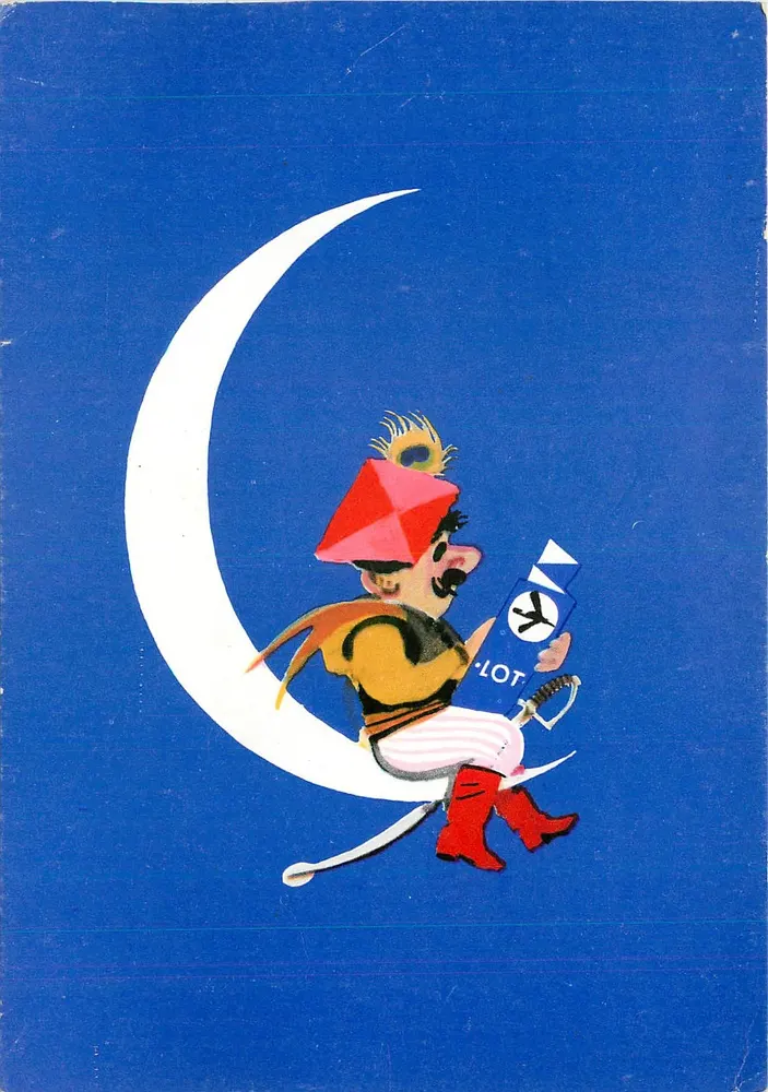 Pirata sobre croissant de luna — ilustração promocional para LOT — editor LOT, número de série não visível - Frente