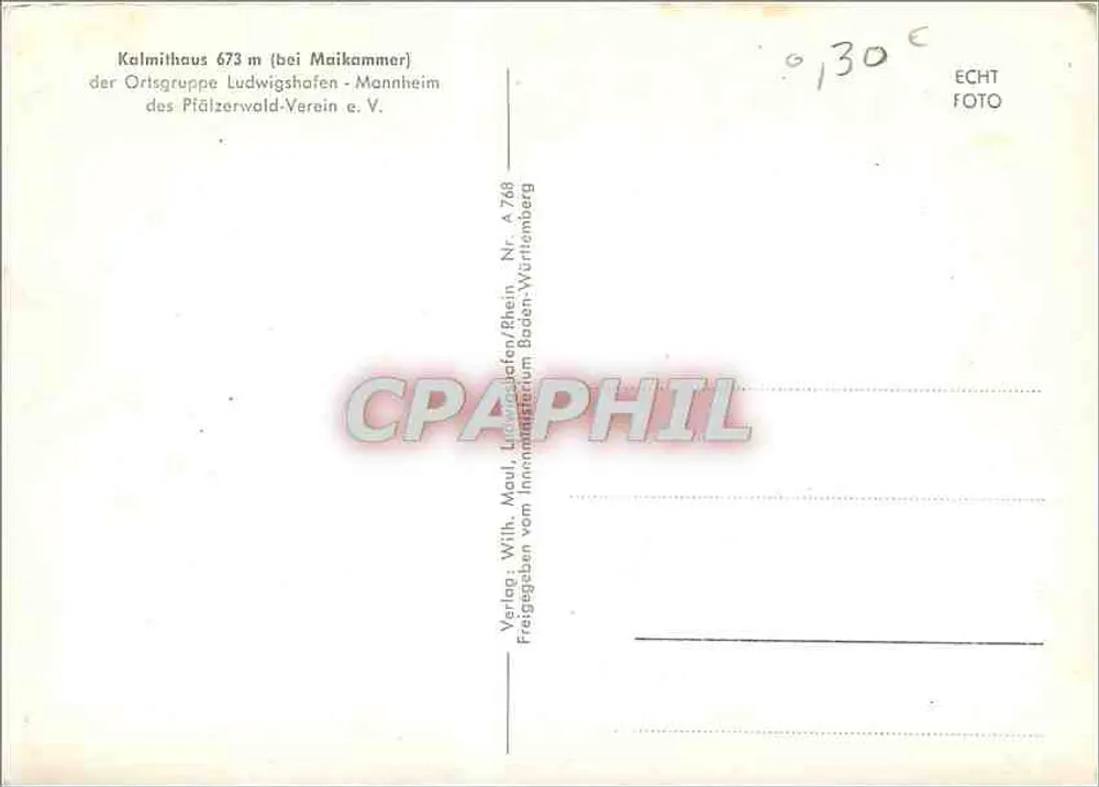 Kalmithaus 673 m (bei Maikammer) — Funkturm und Gebäude — Verlag: Verlag Wilh. Maul, Ludwigshafen/Baden-Württemberg, Nr. A 748 - Rückseite