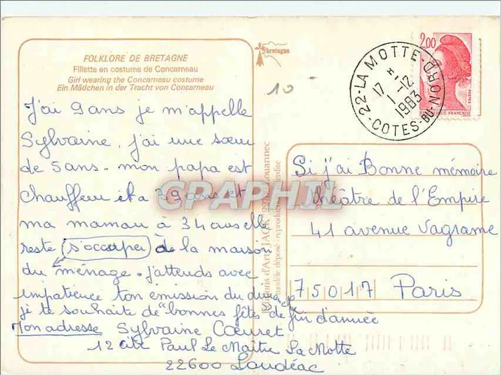 Menina vestindo traje de Concarnéau — Bretanha — editor J. Jach, n°16 - Verso