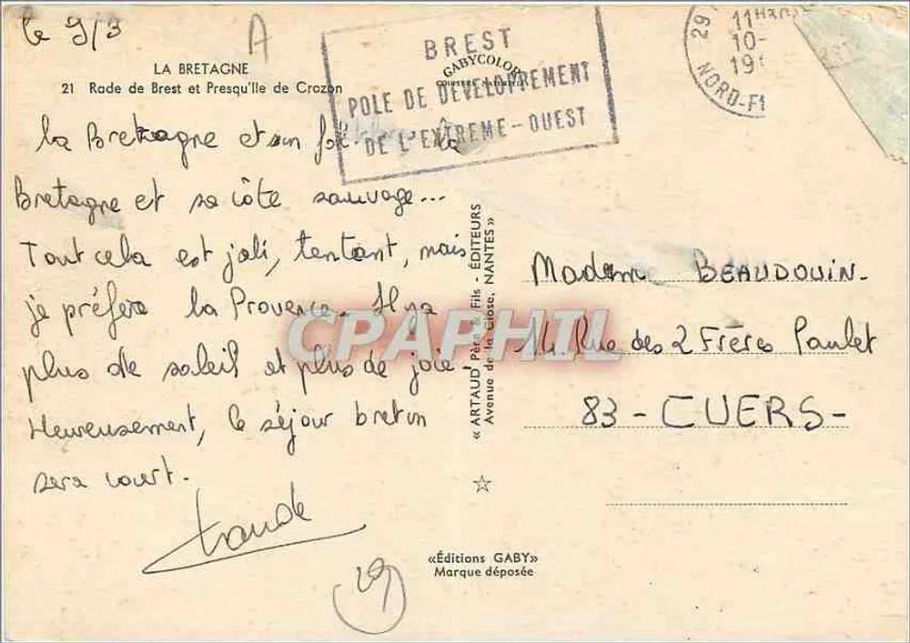 Brest — Rade et Presqu'île de Crozon — Éditeur Gaby - Verso