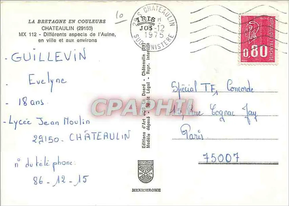 O Aulne em Châteaulin — Éditions d'Art Jos - Châteaulin, n° MX 112 - Verso
