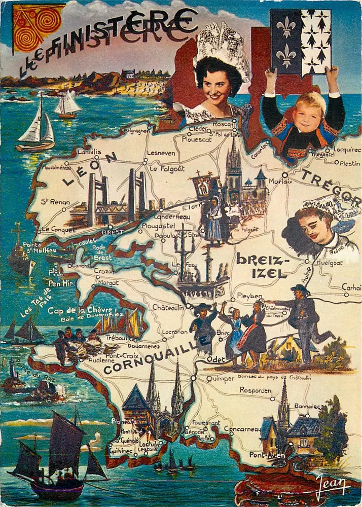 O Finistère — Carte postal ilustrada com mapa geográfico e personagens regionais — Jean, Edições depositadas - Frente