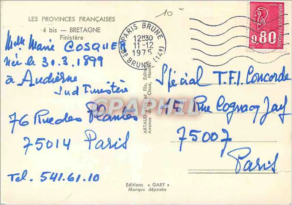 Carta postal ilustrada da Bretanha — Finistère — Edições Gaby - Verso