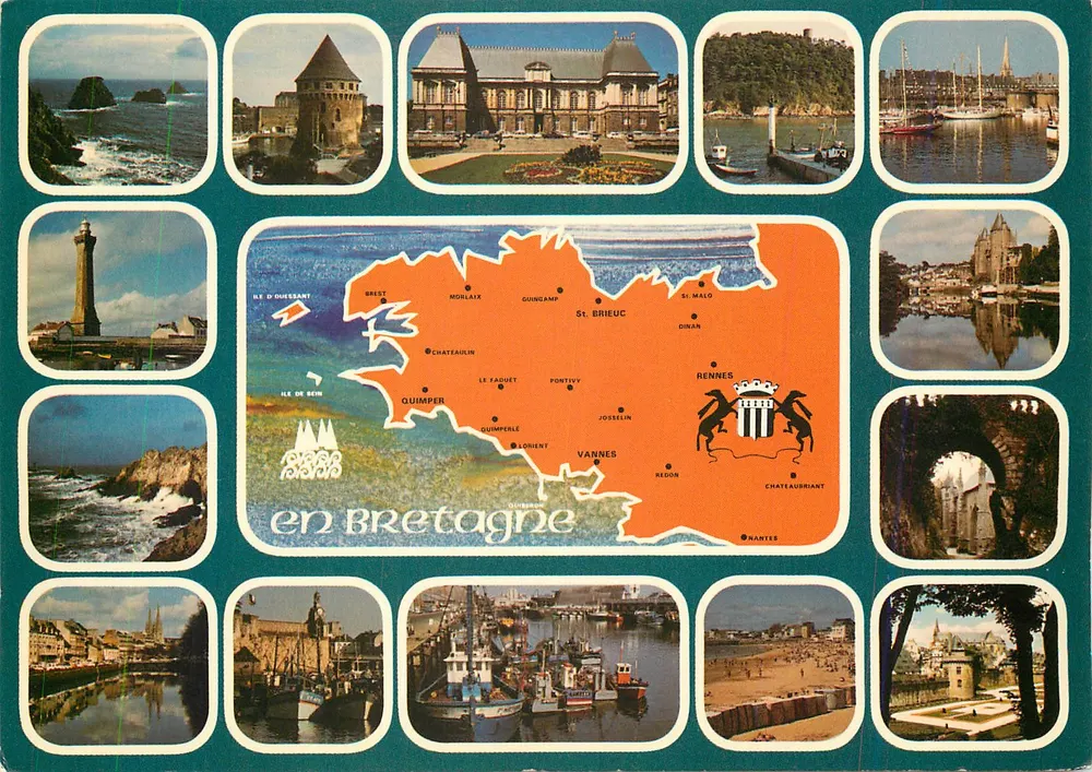 Bretanha — Carte postale panorâmica com mapa e fotos de locais — Edições Y. R. Caoulin, Quimper - Frente