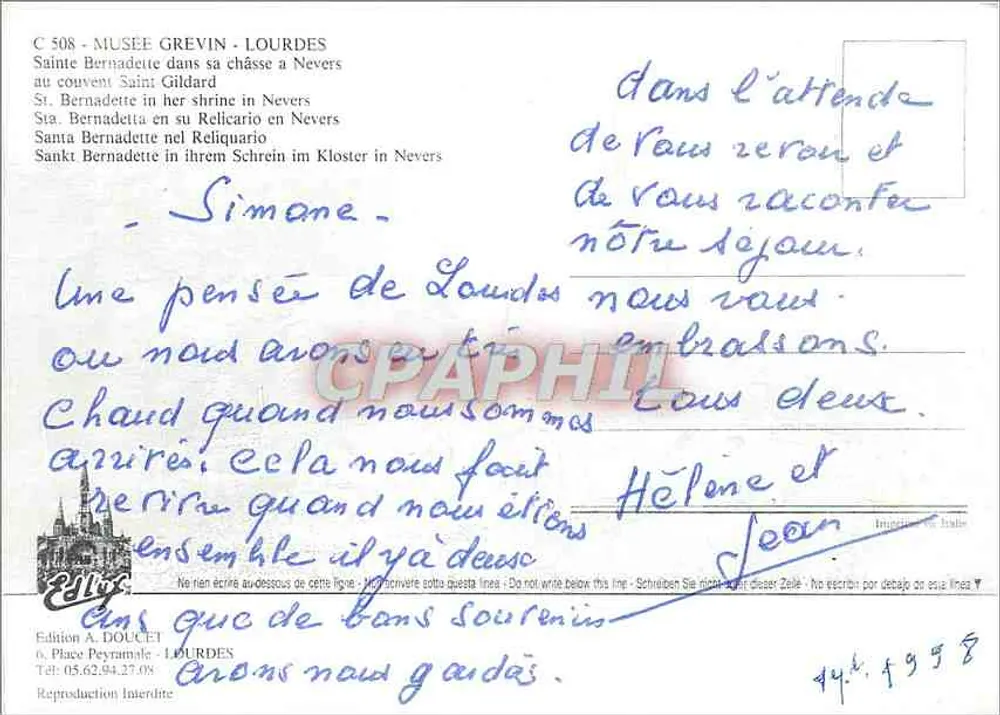 Lourdes — Heilige Bernadette in ihrer Reliquienschale im Konvent Saint-Gildard in Nevers — Edition A. Doucet - Rückseite