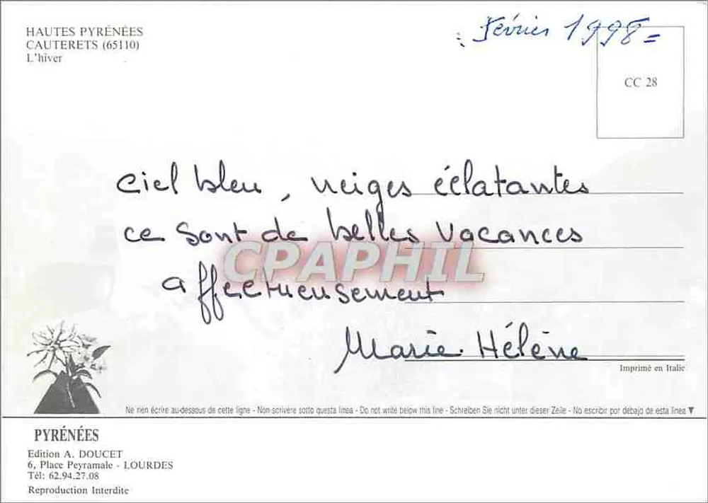 Cauterets — vista invernal nevada — Edição A. Doucet, série CC 28 - Verso