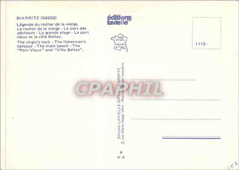 Biarritz o rochedo da Virgem — Lenda do rochedo da Virgem — Edições Lavielle, n° 1112 - Verso