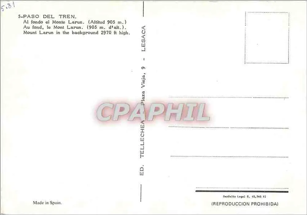 Paso del Tren — Mont Larun en arrière-plan — Éd. Tellechea, Lesaca - Verso