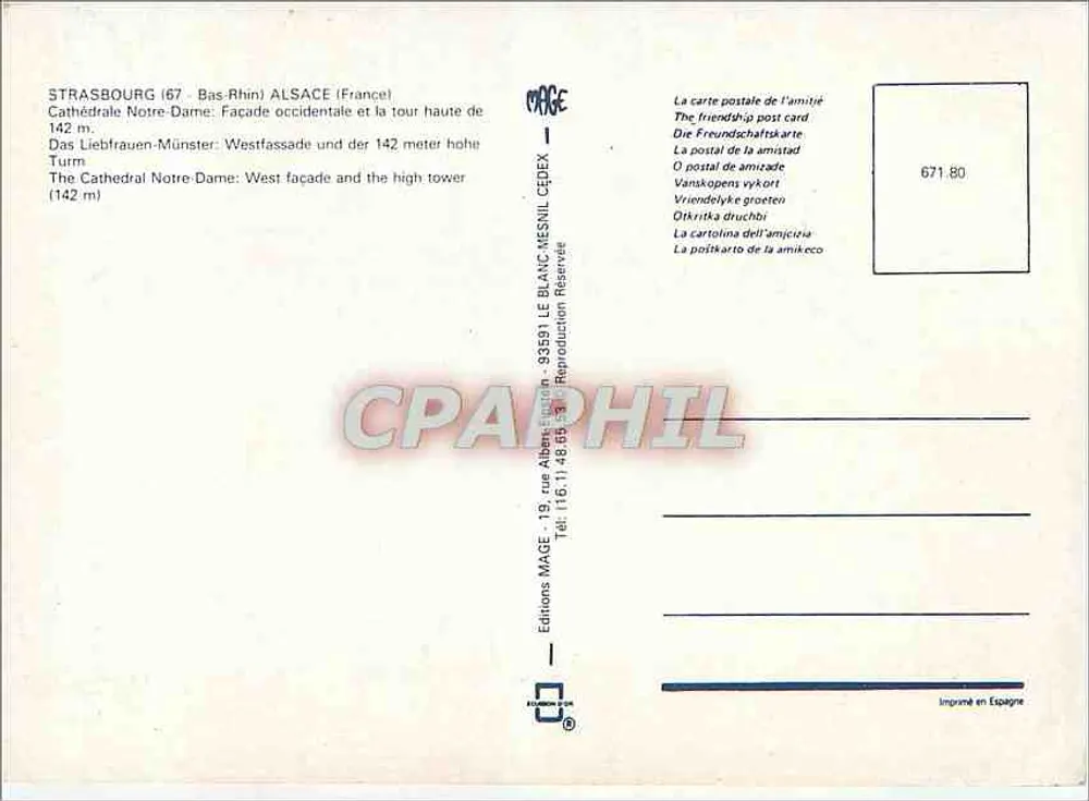 Catedral de Estrasburgo — visão da fachada ocidental com indicações de altura e datas de conclusão — Edições MAGE - Verso