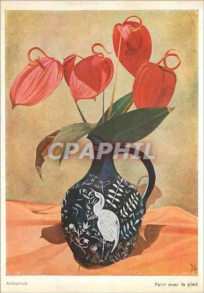 Anthurium — flores vermelhas em um vaso decorado com uma garça — Edições dos Artistas multiés, No F 605 - Frente