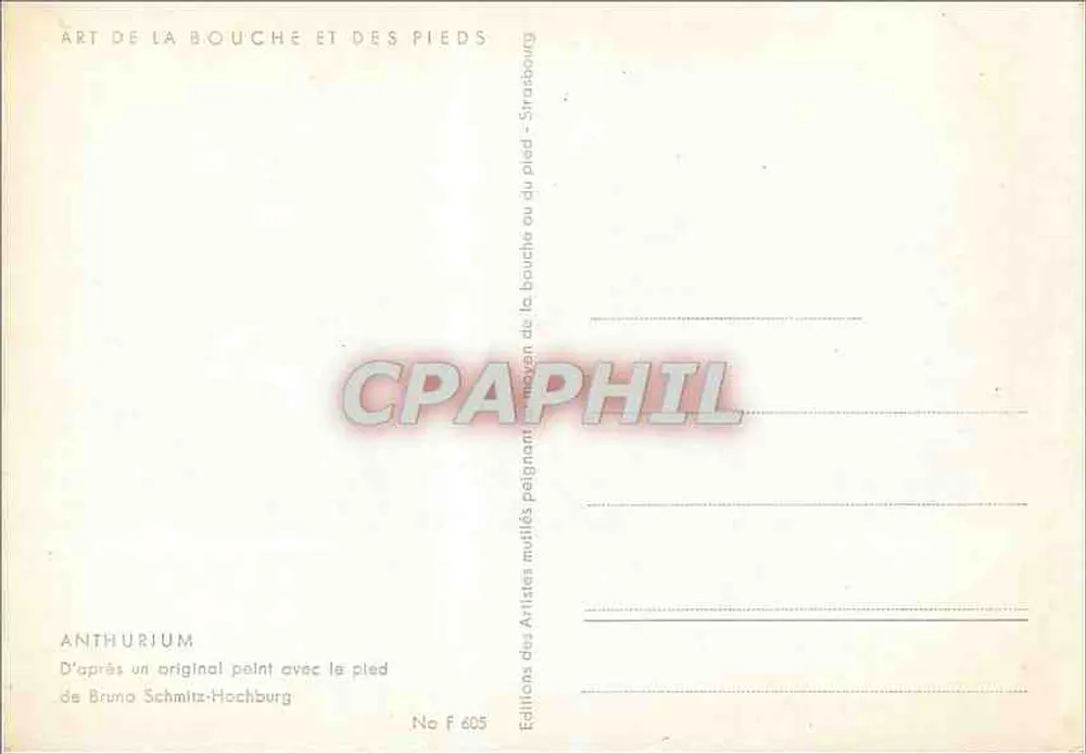 Anthurium — flores vermelhas em um vaso decorado com uma garça — Edições dos Artistas multiés, No F 605 - Verso