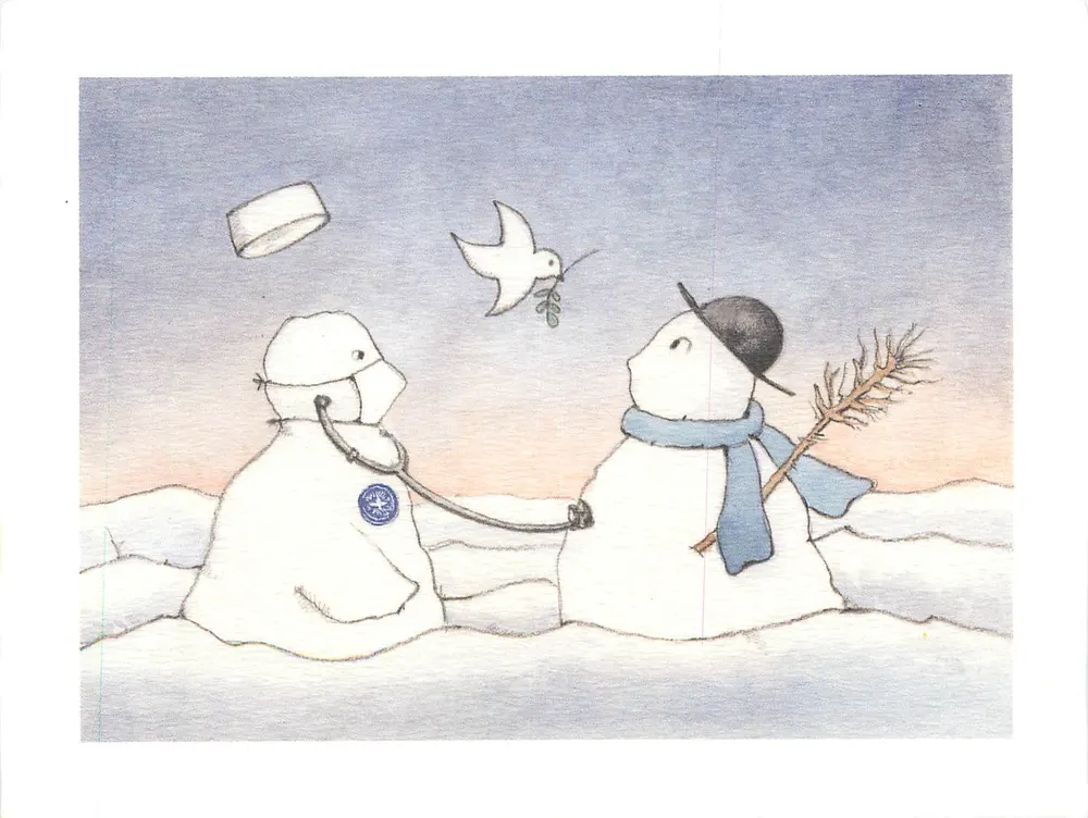 Dois homens de neve — um médico e um paciente — com uma pomba da paz — Médicos do Mundo - Frente