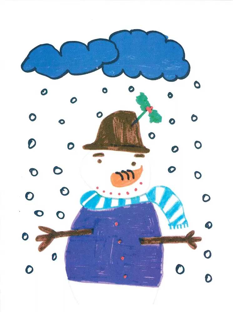 Homem de neve — sob a chuva — realizada por Sarah, 9 anos, para a APF - Frente