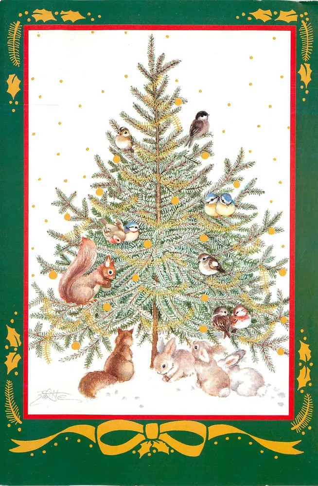 Árvore de Natal com animais — ilustração de J. H. — editor Hallmark - Frente