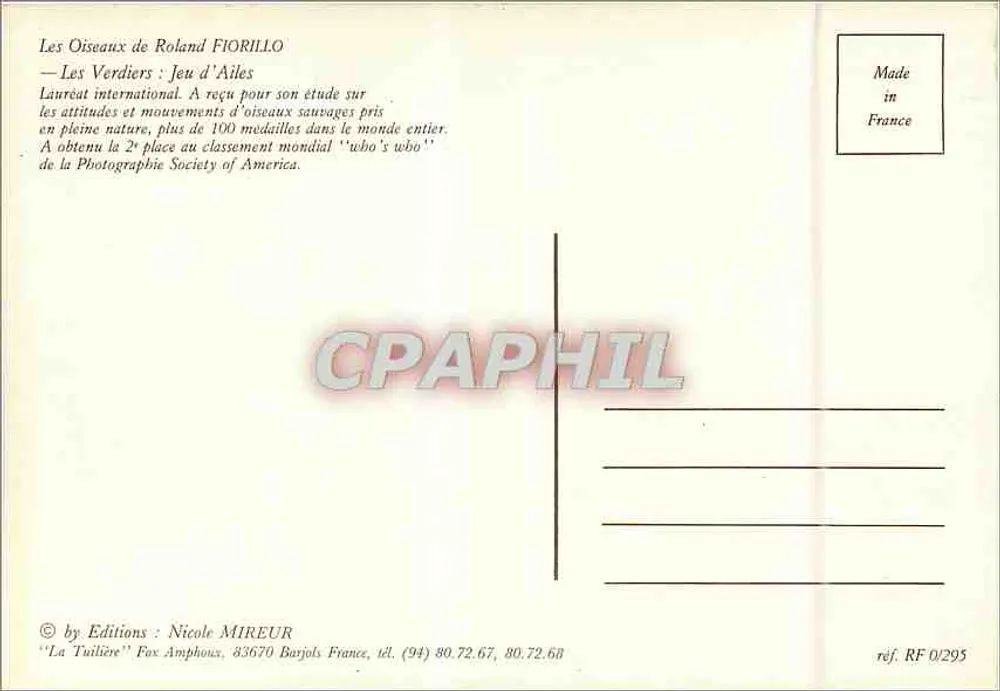 Les Oiseaux de Roland FIORILLO — Jeu d'Ailes — Éditions Nicole MIREUR, réf. RF 0/295 - Verso
