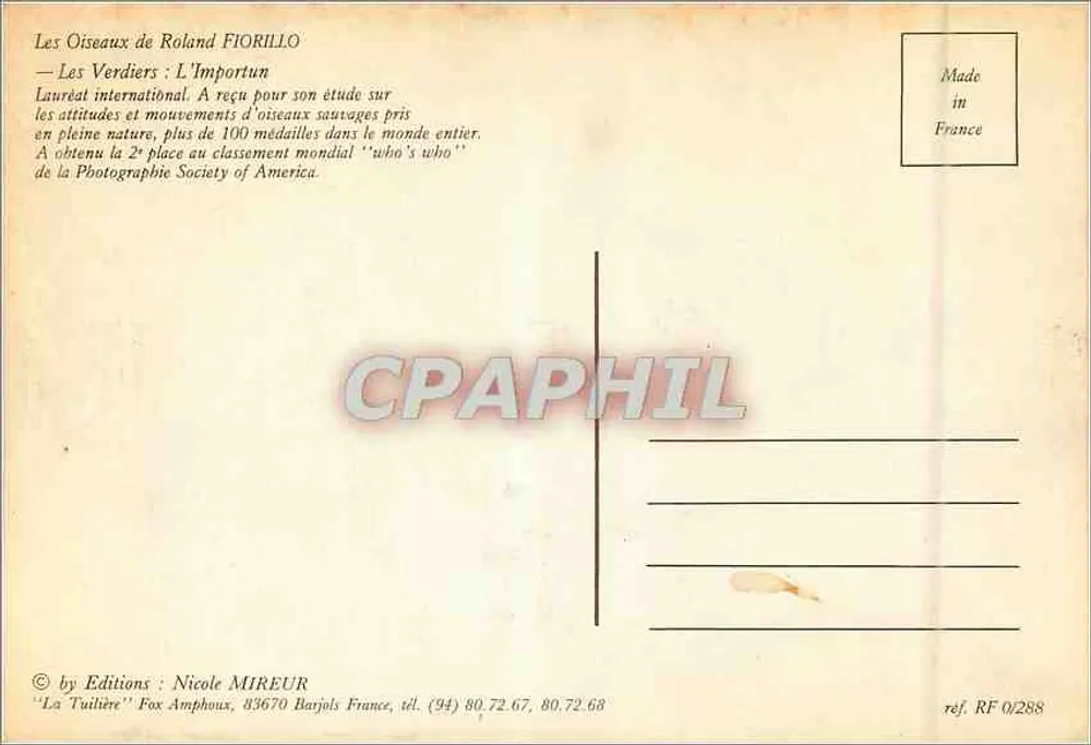 Rolands Vögel von FIORILLO — Editions Nicole MIREUR — Ref. RF 0/288 - Rückseite