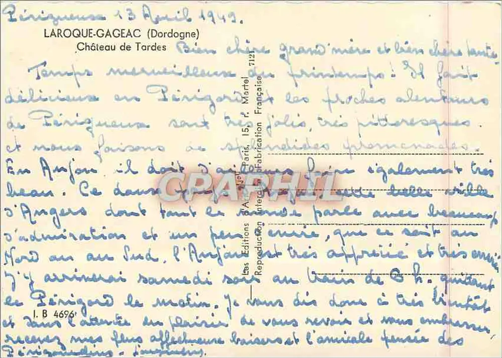 Castillo de Tardes — Périgord — Editor: Les Éditions d'Art de France, n° I.B 4696 - Reverso