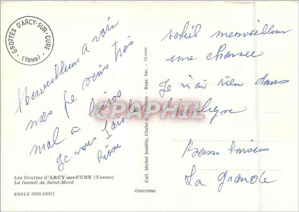 Le tunnel de Saint-Moré — Les Grottes d'Arcy-sur-Cure — Col. Michel Joablin, Chalet des Grottes - Verso