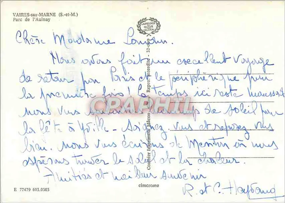 Parc de l'Aulnay — Vaires-sur-Marne — éditeur Cimy - Verso