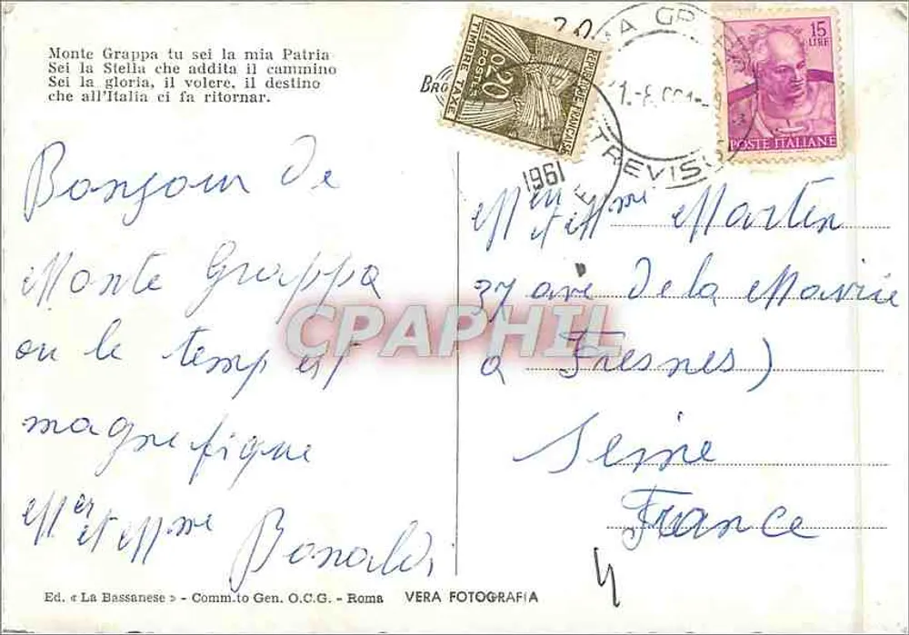 Monte Grappa - Ossário — Éd. « La Bassanese » - Comm. to Gen. O.C.G. - Roma - Verso