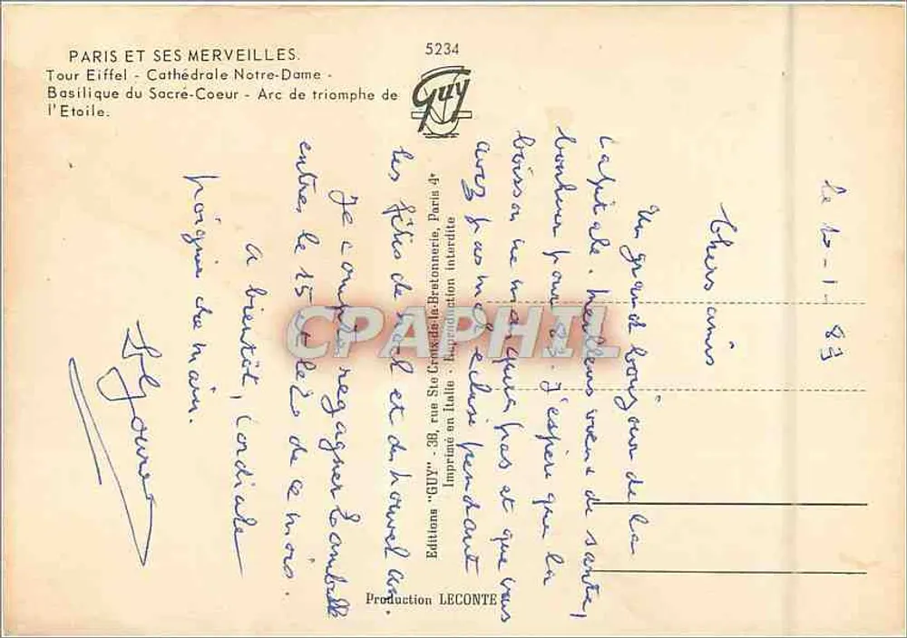 Paris e suas Maravilhas — Editor Guy, n° 5234 - Verso