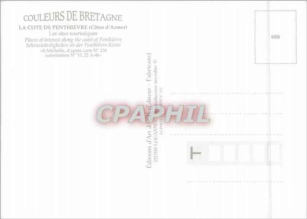 La Côte de Penthièvre — Punkty turystyczne — Éditions d'Art d'Armorique, n° 686 - Rewers