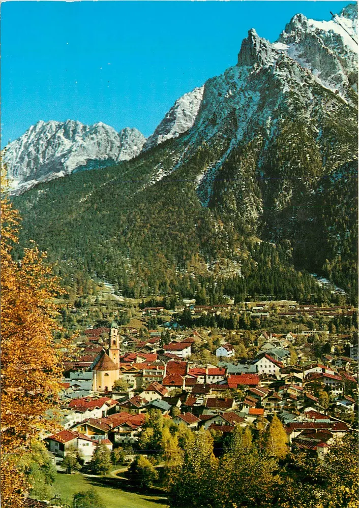 Mittenwald/Oberbayern — vista verso ovest sui vertici di Karwendelspitze, Viererspitze e Wörner — E. Feldbauer, Forststraße 10, 8022 Ottobrunn bei München - Recto