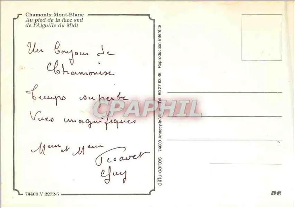 Chamonix Mont-Blanc — Ao pé da face sul da Aiguille du Midi — diffu-cartes - Verso