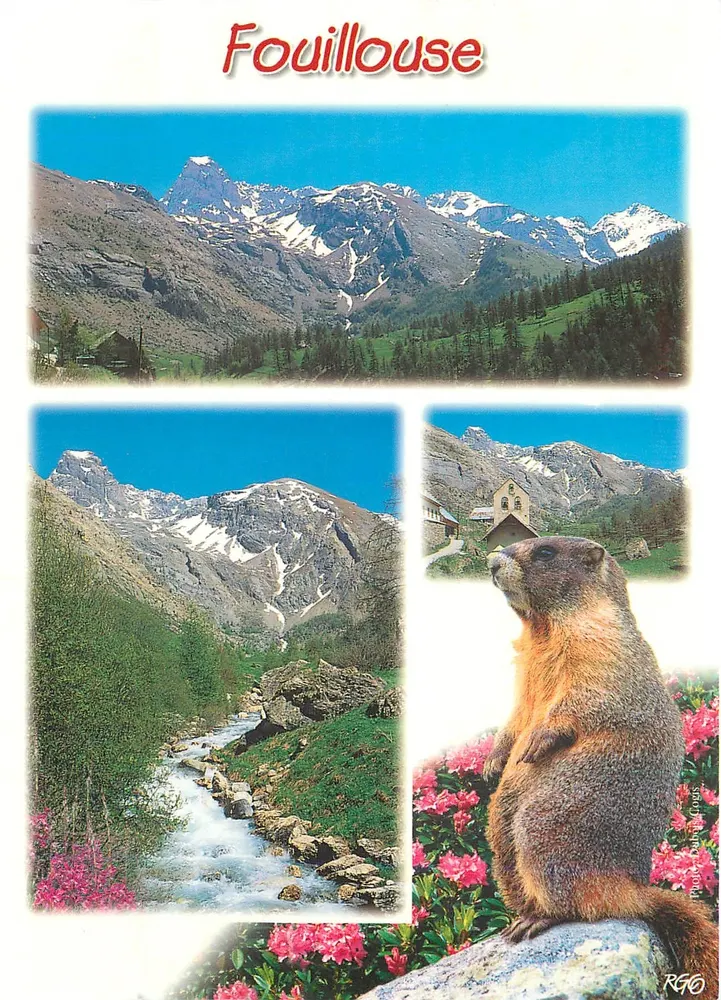 Fouillouse — vista das montanhas, riacho e marmota — editor RG0 - Frente