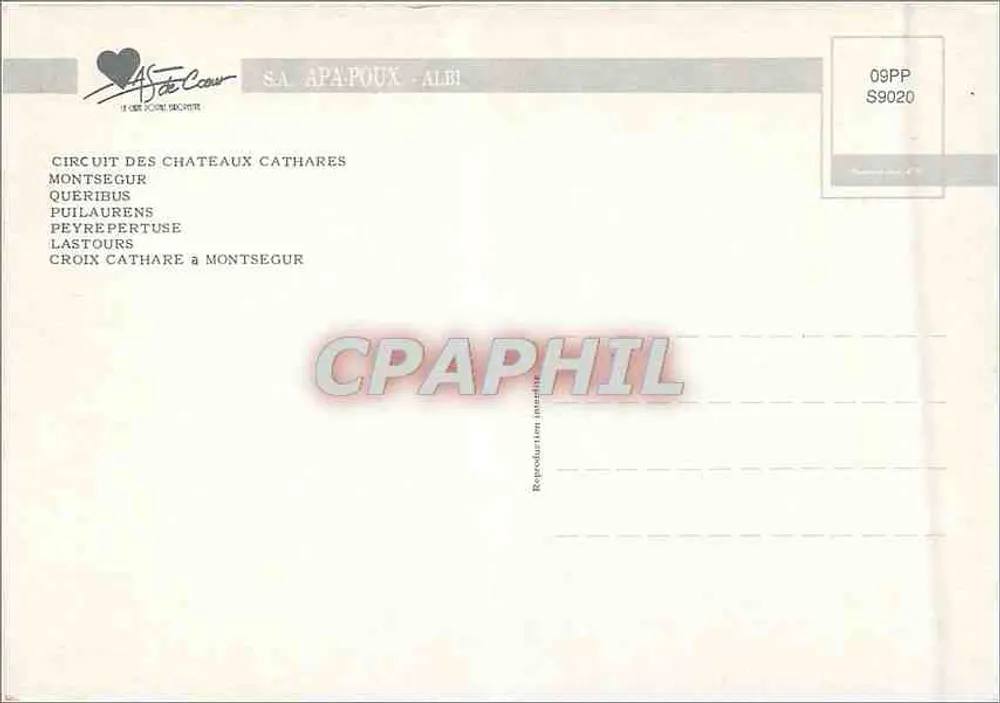 Katharische Burgen — Montsegur, Queribus, Puilaurens, Peyrepertuse, Lastours — S.A. APAPOUX - ALBI - Rückseite