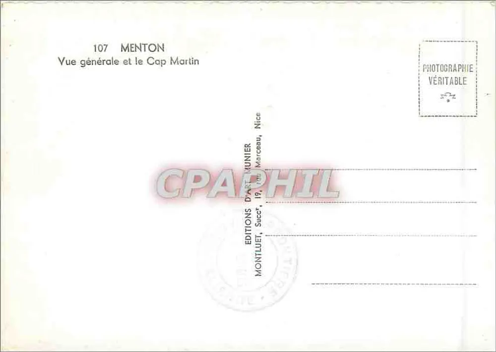 Menton — Vista geral e o Cap Martin — Éditions d'Art Munier, n° 107 - Verso