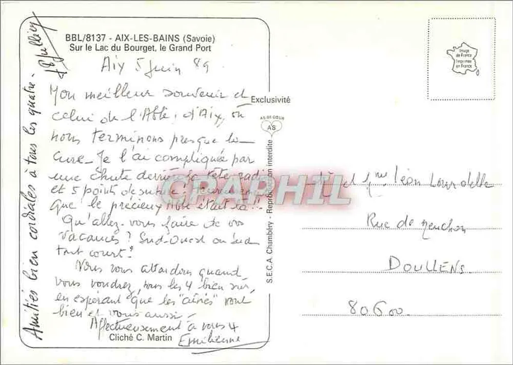 Aix-les-Bains i jej jezioro — widok z portu — wydawca S.E.C.A. Chambéry - Rewers