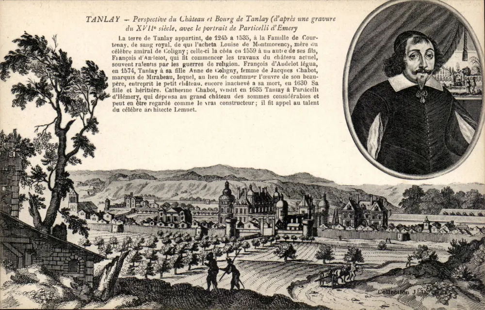 Tanlay — Ansicht des Schlosses und Dorfes Tanlay (nach einer Holzschnitte des 17. Jahrhunderts, mit dem Porträt von Particelli d'Emery) - Vorderseite