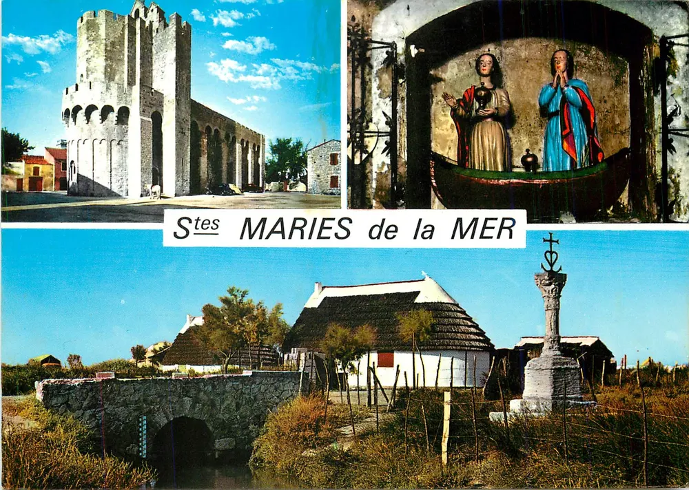 Saintes-Maries-de-la-Mer — Église fortifiée, statue des Saintes, calanques et croix des Félibres — Éditions Nico en Italie - Recto