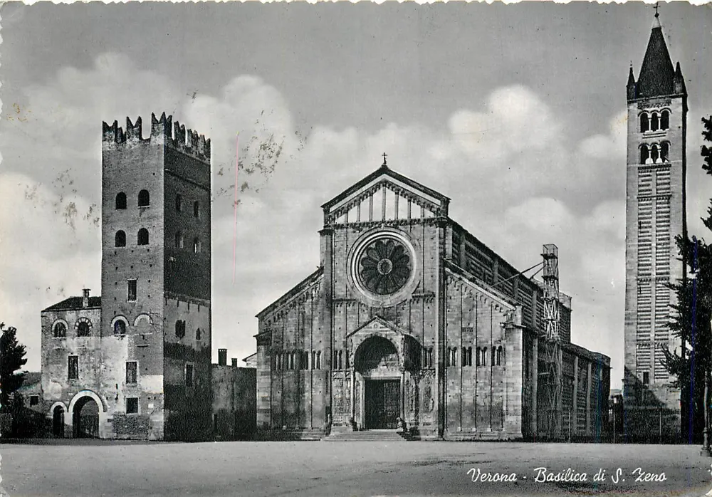 Verona — Bazylika S. Zeno — widok fasady i wież - Awers