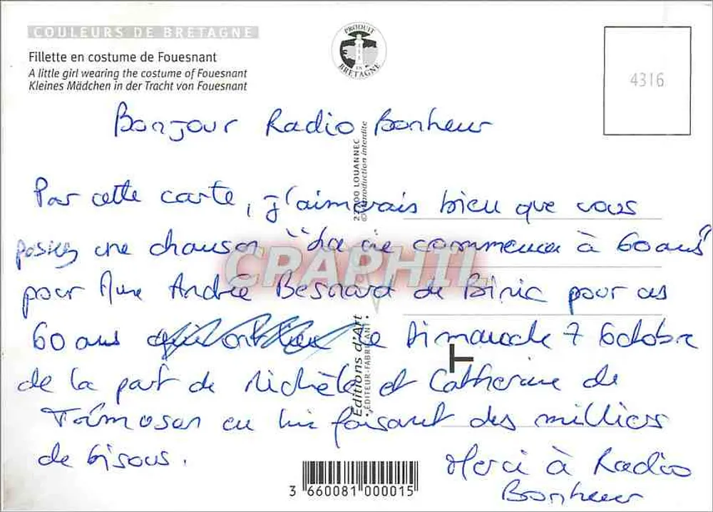 Grandes Bises da Bretanha — Menina em traje de Fouesnant — Jack - Verso
