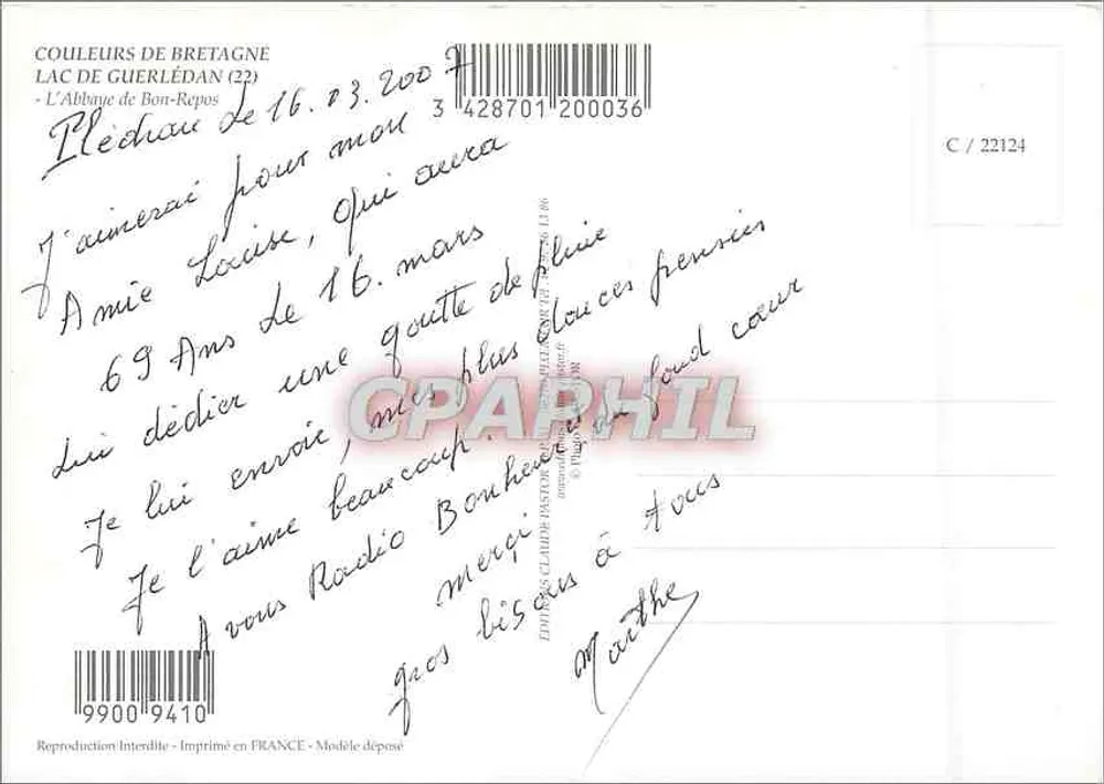 Lago di Guerlédan — L'Abbaye de Bon-Repos — Grafia - Verso
