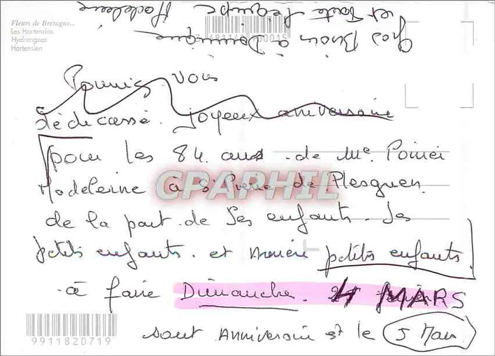 Bretanha — Terra dos Hortênsias — editor desconhecido, n° de série 9911820719 - Verso