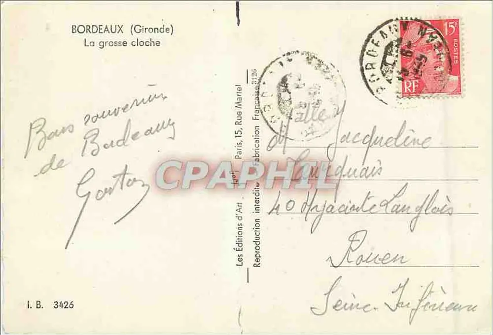 De grote klok — Bordeaux (Gironde) — Les Éditions d'Art Marrel, n° I.B. 3426 - Achterkant