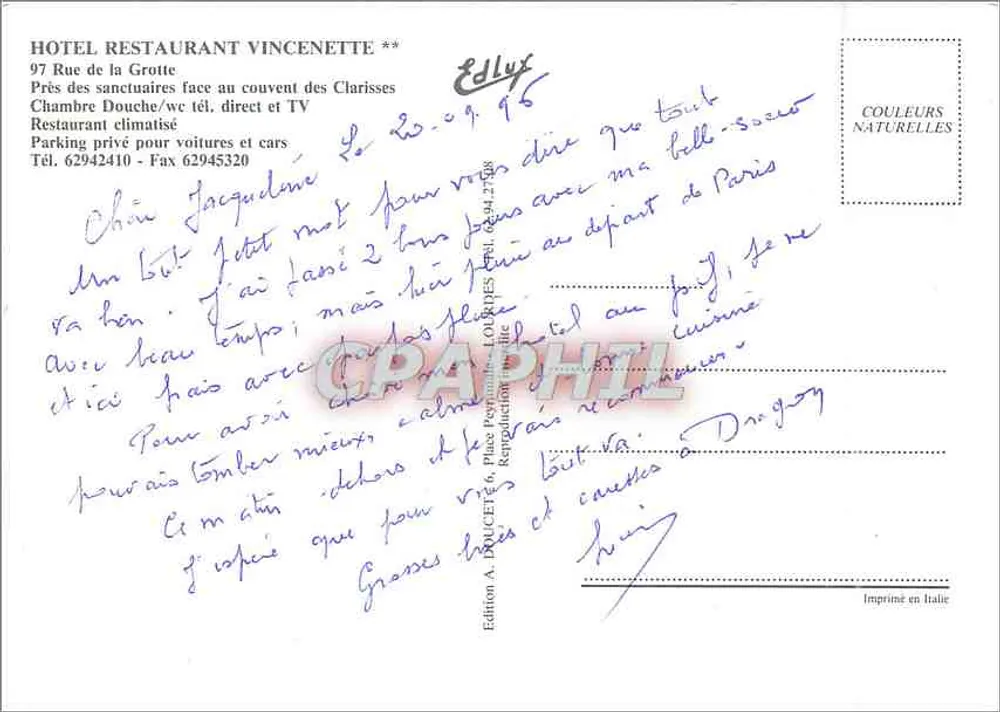 Lourdes — Hotel Vincenette — Edição Edlux - Verso