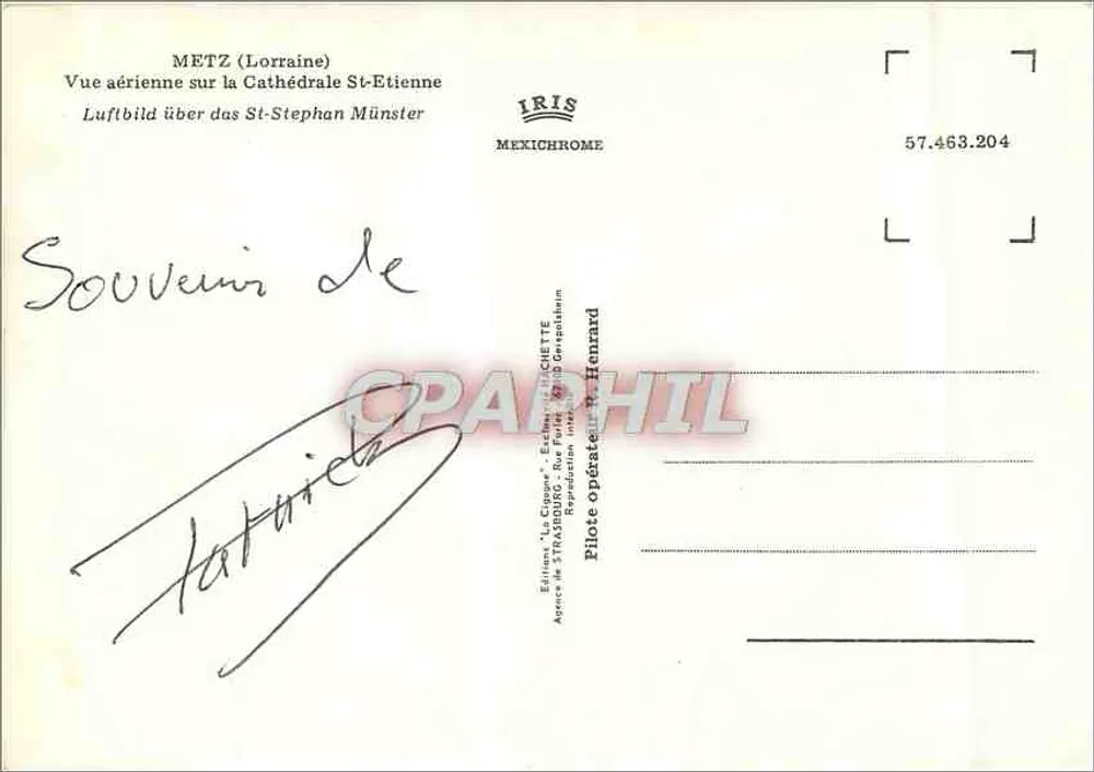 Metz (Lorraine) — Luftbild der Kathedrale Saint-Étienne — Editions 'La Cigogne' und IRIS Mexichrome - Rückseite
