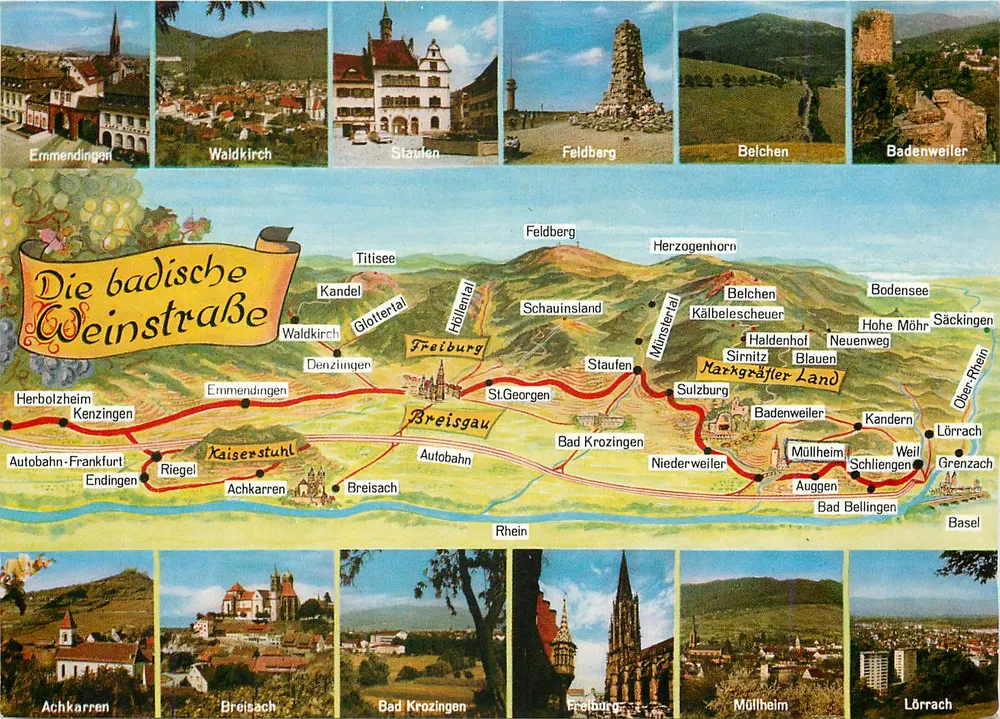 A estrada dos vinhedos badische — carta postal turística — editor Vierfachdruck - Frente