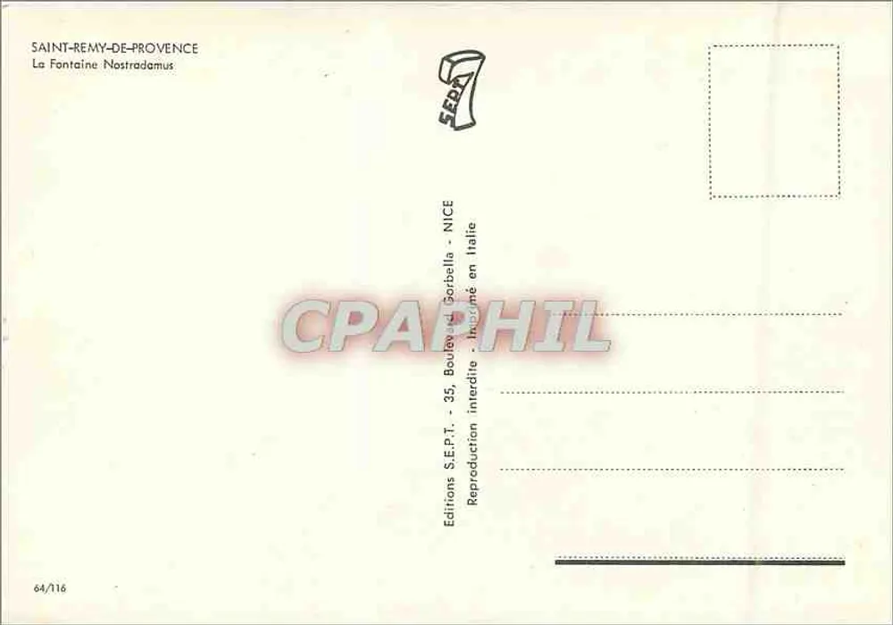 Saint-Rémy-de-Provence — Fontaine Nostradamus — Editions S.E.P.T. - 64/116 - Rückseite